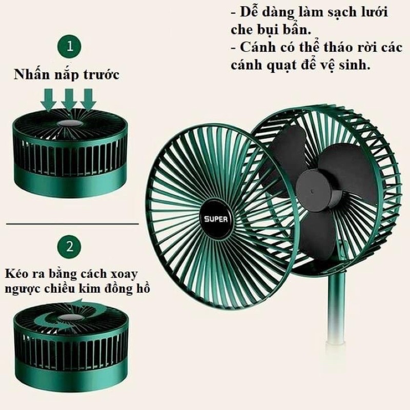 Quạt Tích Điện Để Bàn Mini Super Gấp Gọn Tiện Dụng 3 Cấp Độ Gió Siêu Bền Cáp Sạc USB Tiện Lợi