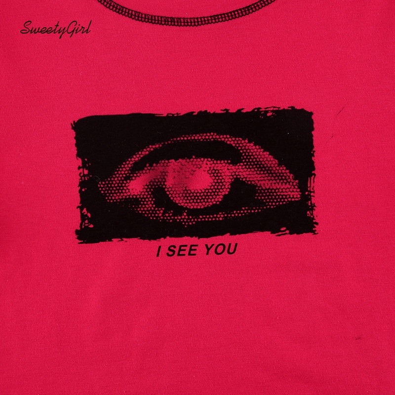 Áo Croptop Tay Dài Cổ Tròn In Họa Tiết Đôi Mắt Hoạt Hình Dành Cho Nữ