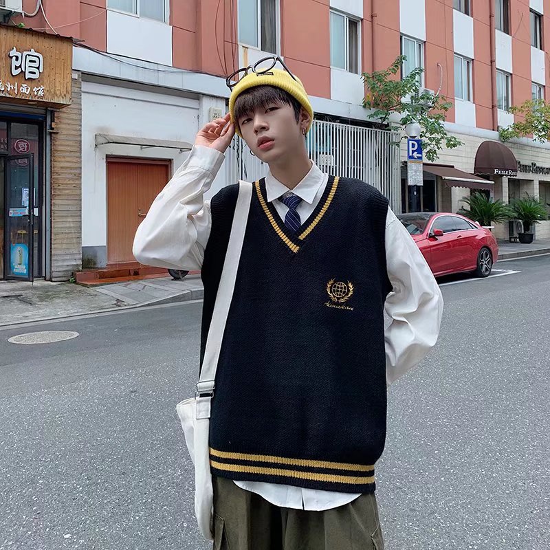 Áo Len Không Tay Dáng Rộng Họa Tiết Thêu Thời Trang Hàn Quốc Cho Nam