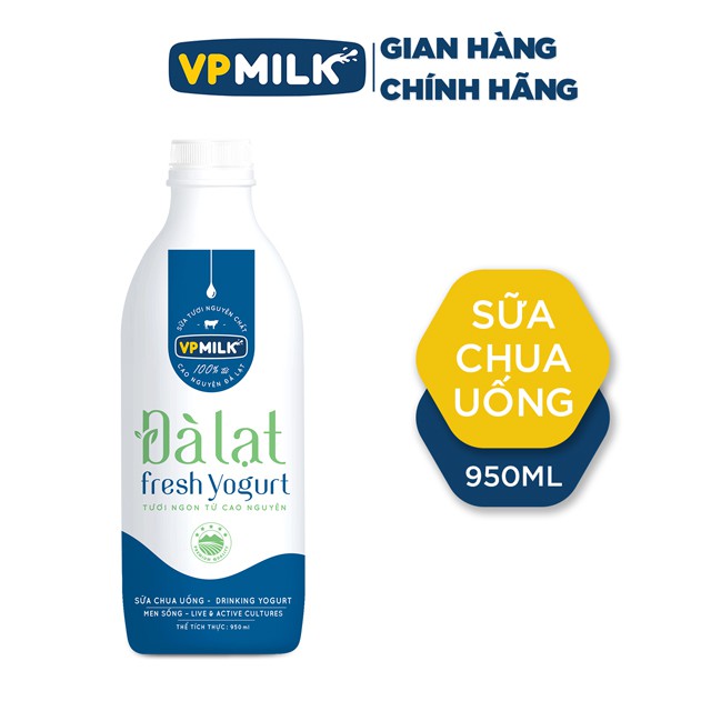 [INBOX TRƯỚC KHI MUA HÀNG] Sữa Chua Uống VPMilk Đà Lạt Fresh Yogurt chai 950ml, Men Sống Tự Nhiên