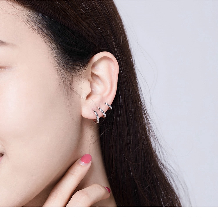 Hoa tai dạng kẹp Bamoer bằng bạc Sterling 925 3 vòng tròn phong cách punk cho nữ