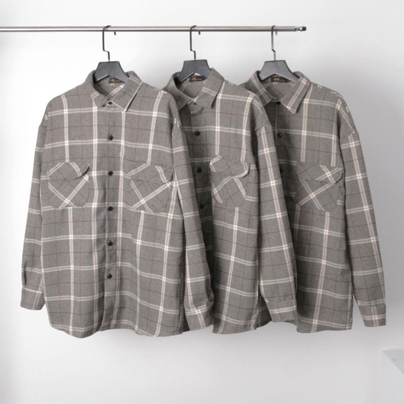 Sơ mi kẻ vintage nâu xám 1.8 KPis Clothes form rộng oversize unisex nam nữ