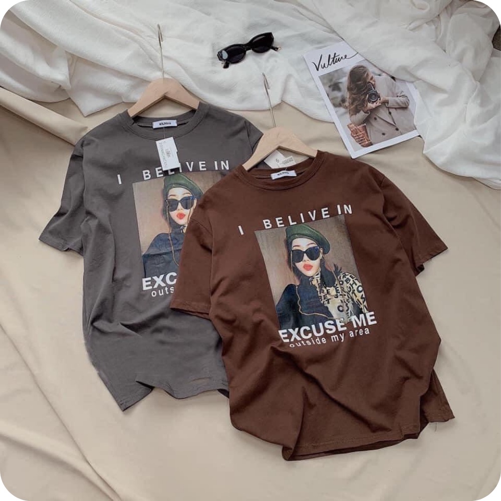 Áo thun nữ, áo thun nữ from rộng hình in cô gái cute 2 màu trắng đen SKUA-48