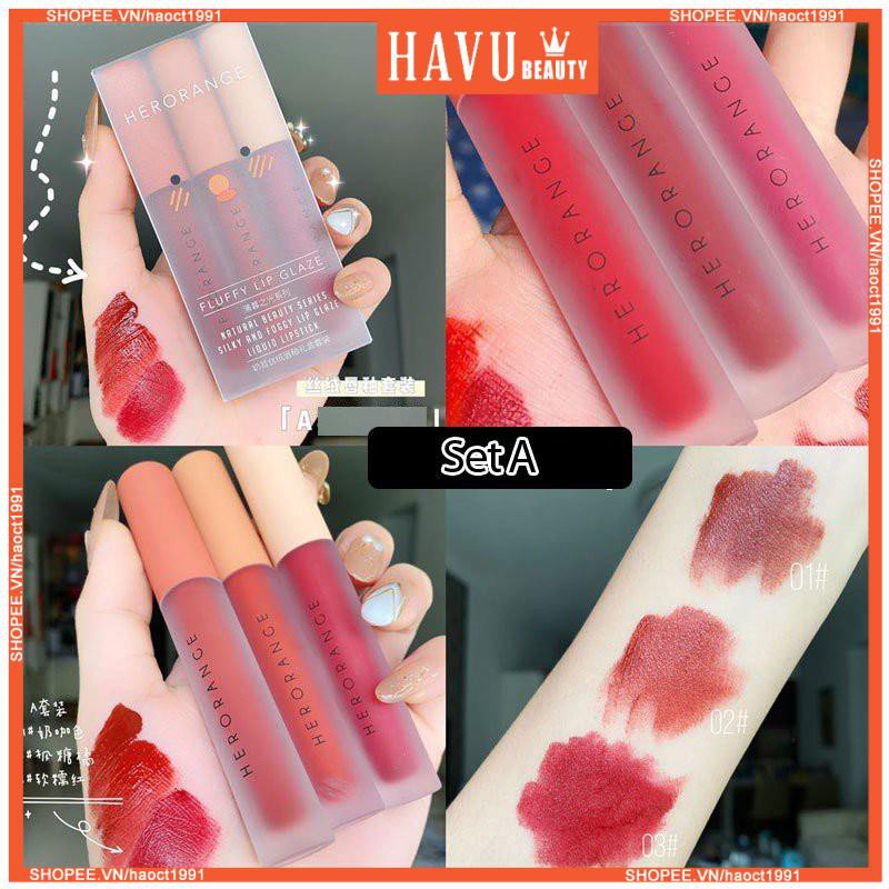 Set 3 Cây Son Kem Lì Herorange Fluffy Lip Glaze - Son Kem Siêu Xinh Chất Mềm Mịn - Lâu Trôi