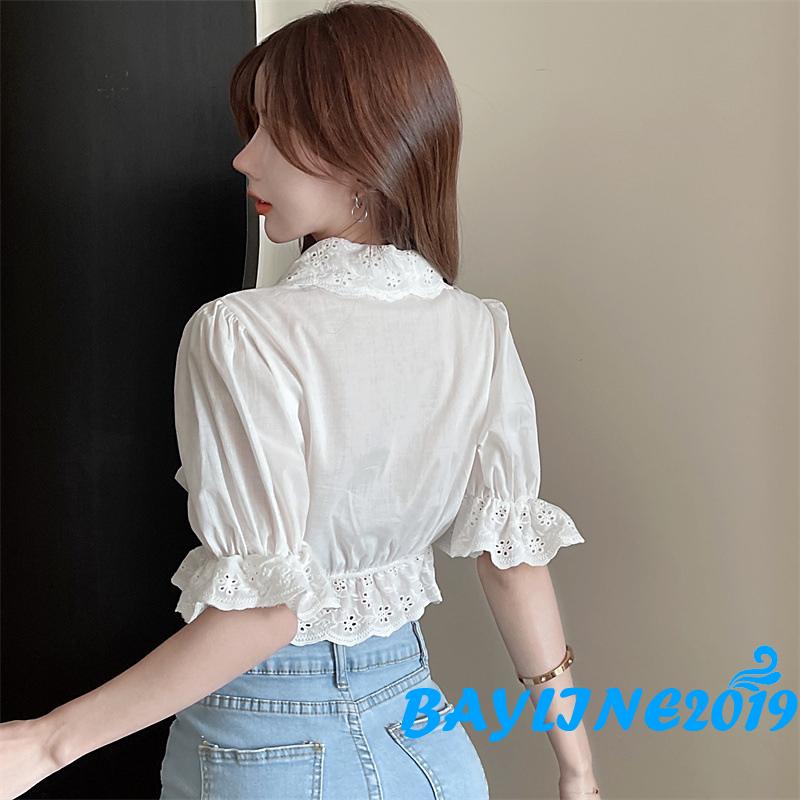 Bay-Women Summer Bandage Shirt, Ruffled Solid Color V-neck Puff Sleeve Patchwork Crop Tops