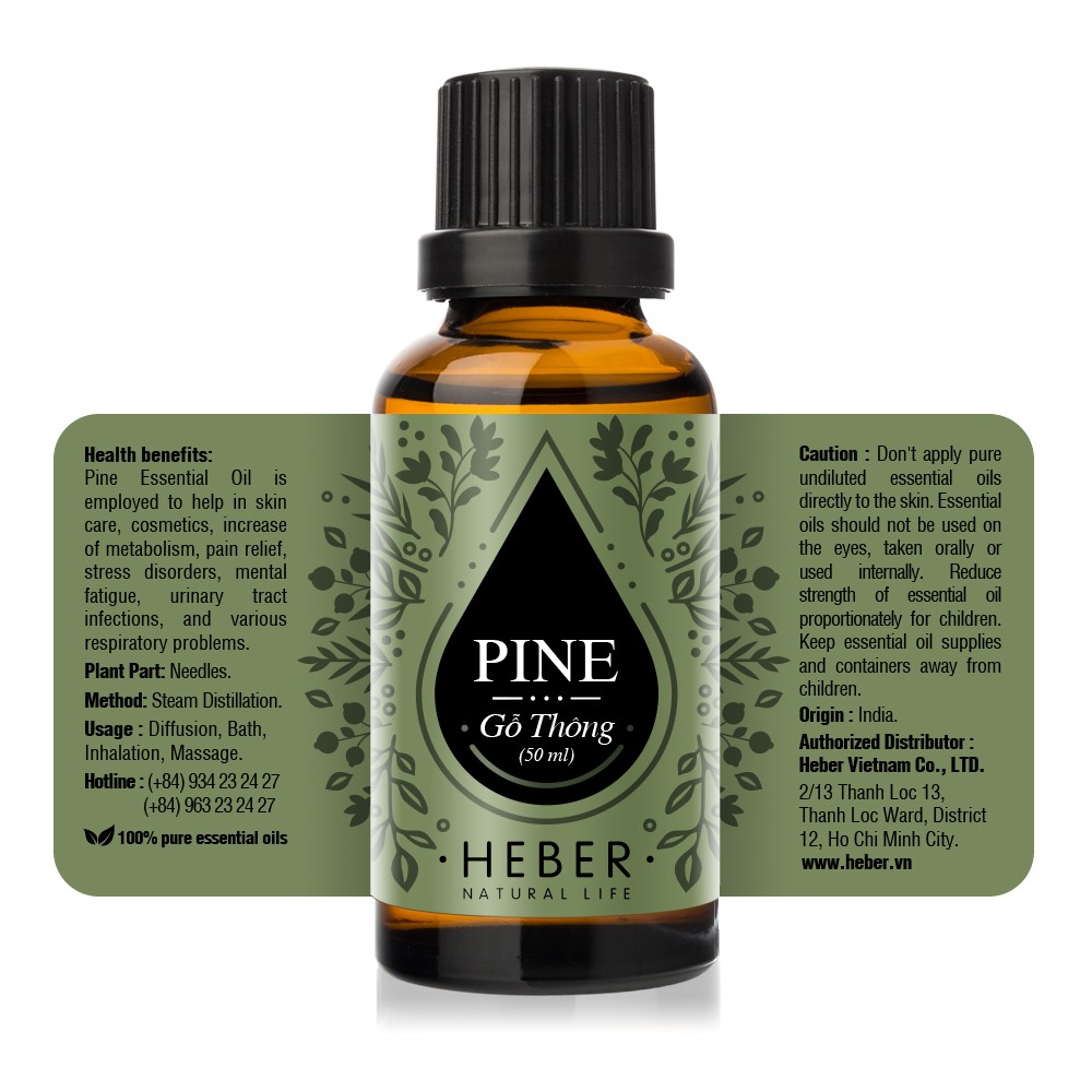 Tinh Dầu Gỗ Thông Heber Natural Life- Pine, Cao Cấp Nhập Khẩu, Thiên Nhiên Nguyên Chất Xông Phòng, Chai 10ml/30ml/50ml