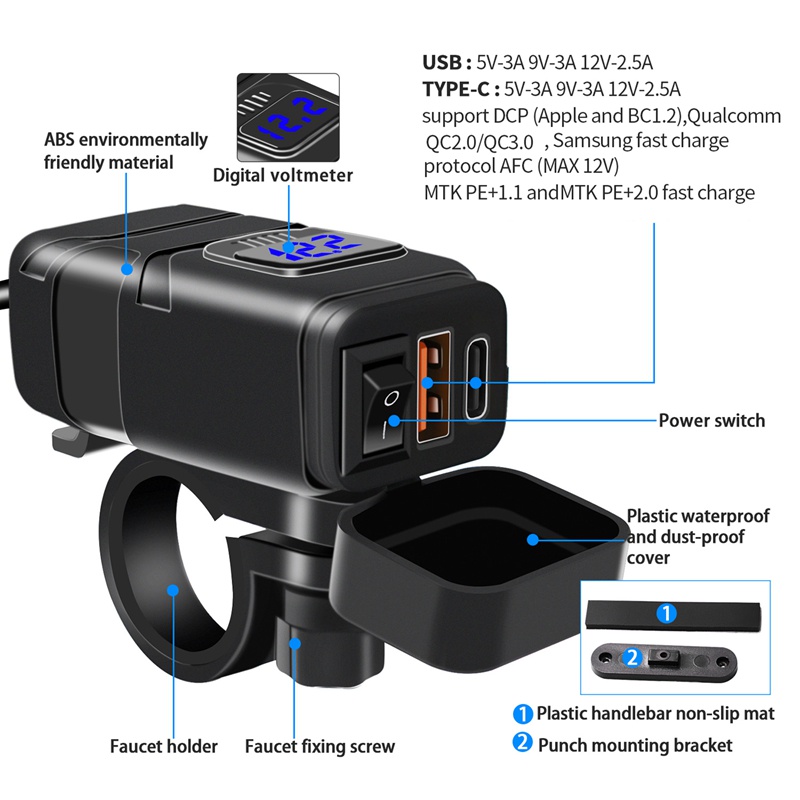 Củ Sạc Nhanh QC3.0 USB + Type-C Chống Nước Cho Xe Máy