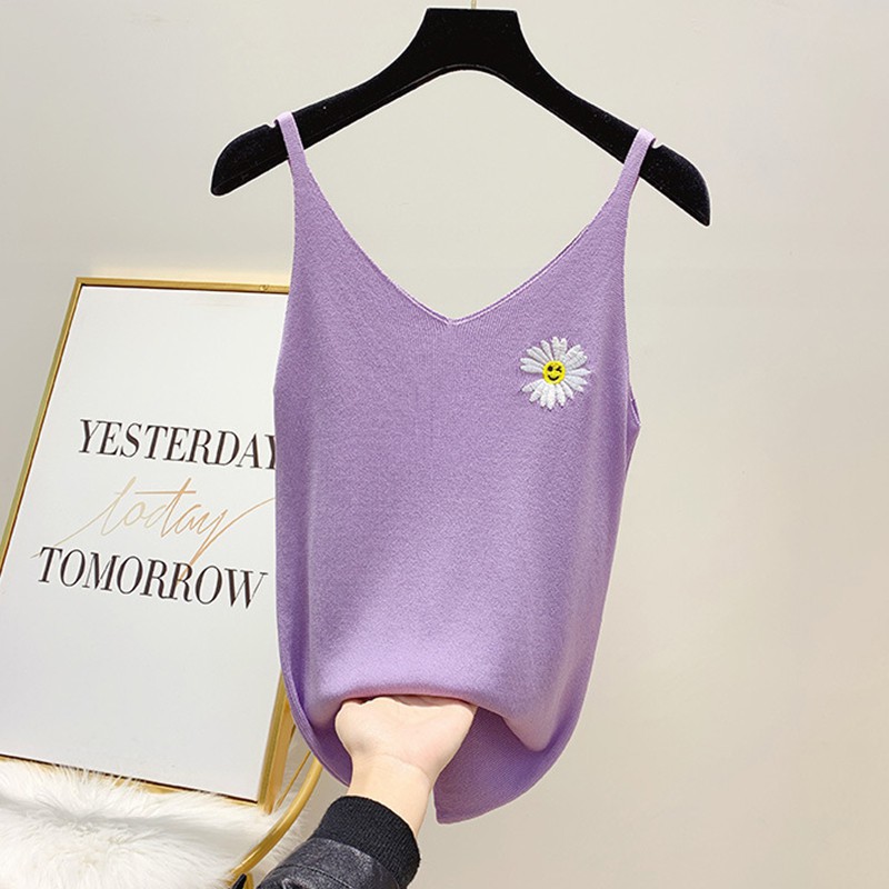 Women Casual Knitted Daisy Embroidery Cami Tops Summer Vest Sleeveless Basic Camisole | BigBuy360 - bigbuy360.vn