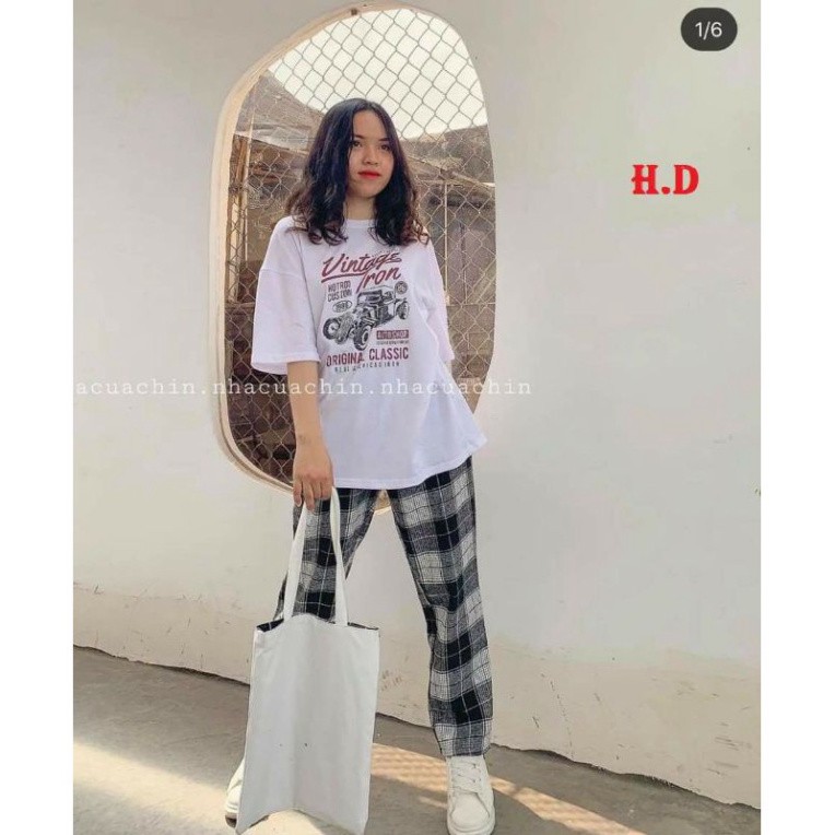 Bộ nữ áo thun unisex Vintage + quần Caro kẻ form thụng nam nữ