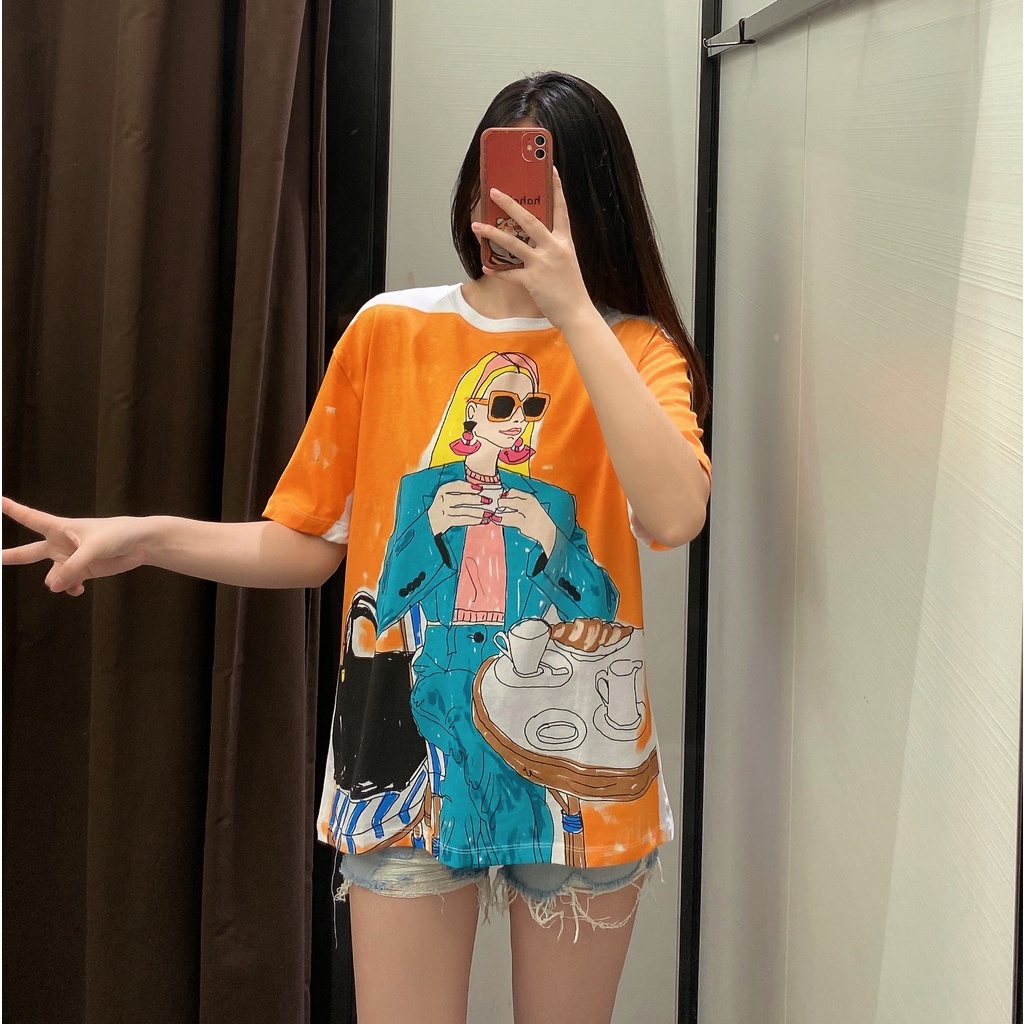 Áo Thun Tay Ngắn Cổ Tròn Dáng Rộng In Hình Cô Gái Uống Trà Chiều Thời Trang Mùa Hè Zara 221131823 Bán Buôn