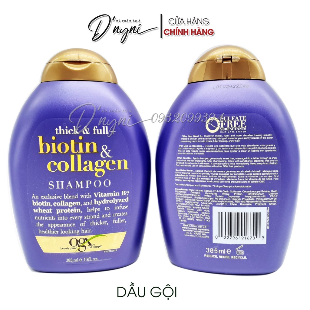 Dầu Gội - Dầu Xã Dưỡng Dày Tóc OGX Thick & Full + Biotin & Collagen Shampoo 385ml Mỹ