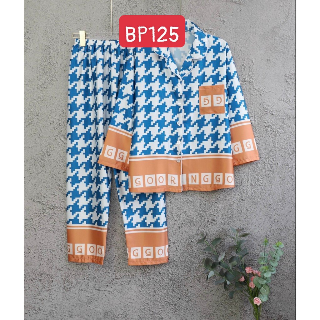 Đồ bộ mặc nhà cao cấp-Bộ ngủ pijama quần dài tay dài họa tiết sang chảnh phối chữ chất lụa mịn mát