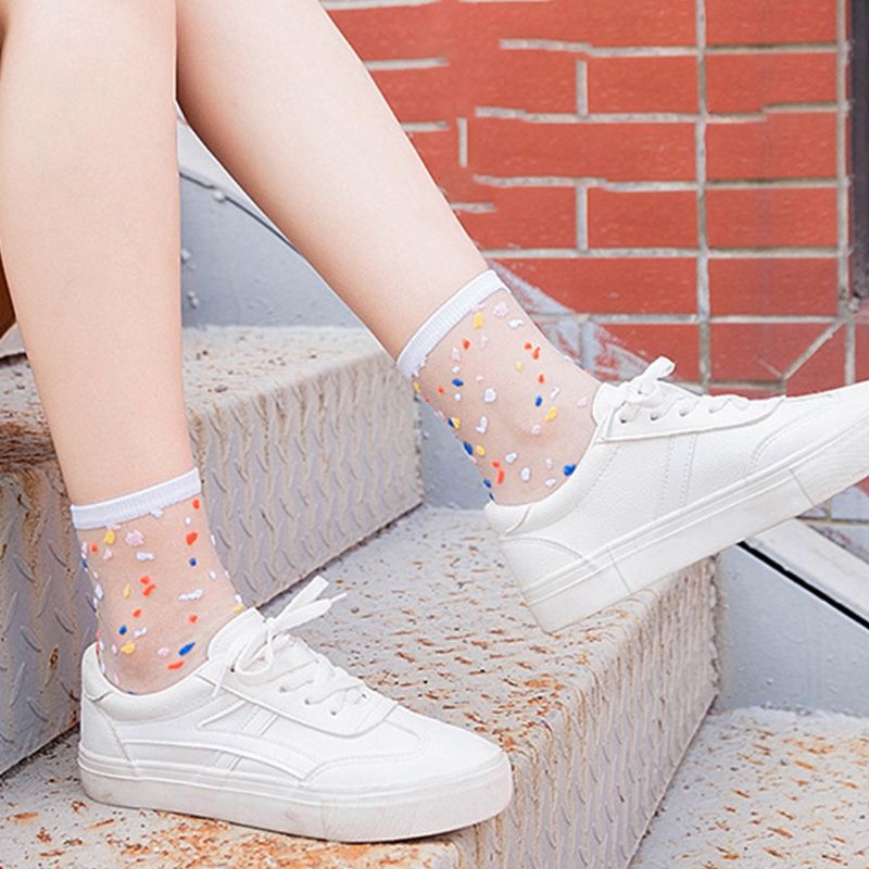 Xiangbao Vớ Lưới Sợi Thủy Tinh Trong Suốt Siêu Mỏng Thoáng Khí Kẻ Sọc Chấm Bi Nhiều Màu Cho Nữ Mi