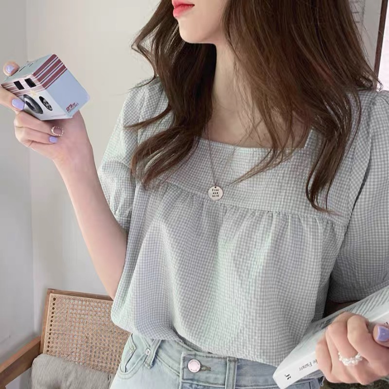 SUXI Áo Sơ Mi Tay Ngắn Họa Tiết Caro Thời Trang Dành Cho Nữ