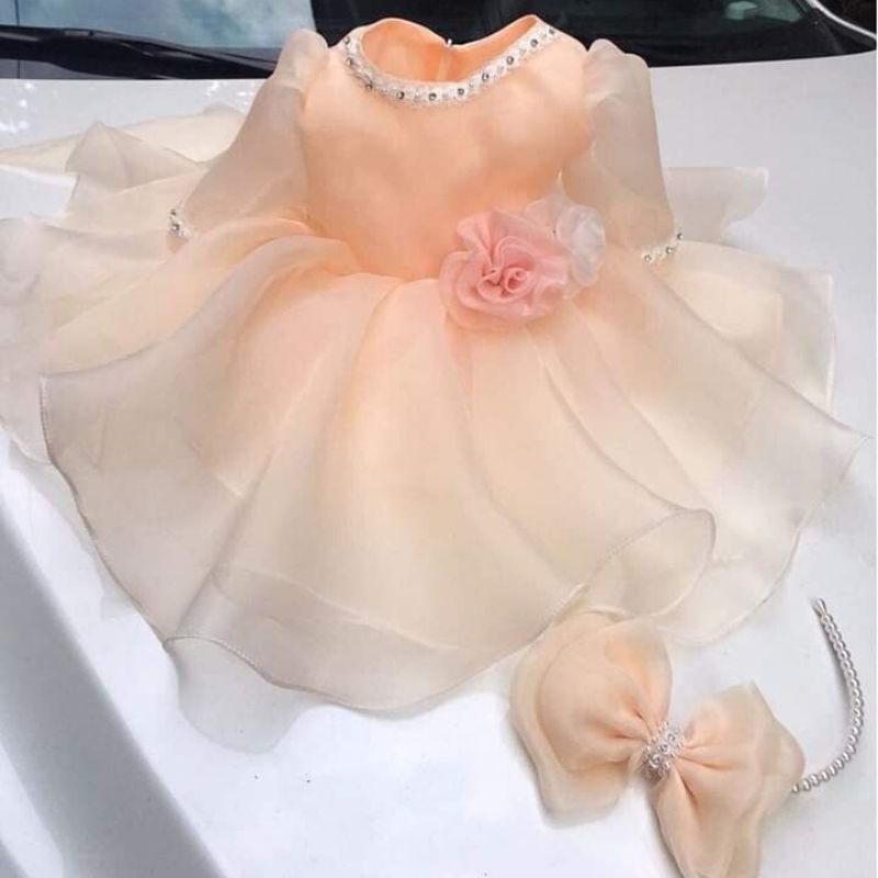 Đầm bé gái dáng xòe tay lỡ viền ngọc đính nơ nhỏ voan tơ mềm mại - Shop Mẹ Nấm
