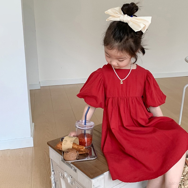 Đầm Công Chúa Màu Trơn Thắt Nơ Lưng Phồng Hở Lưng Thoáng Khí Dành Cho Bé Gái