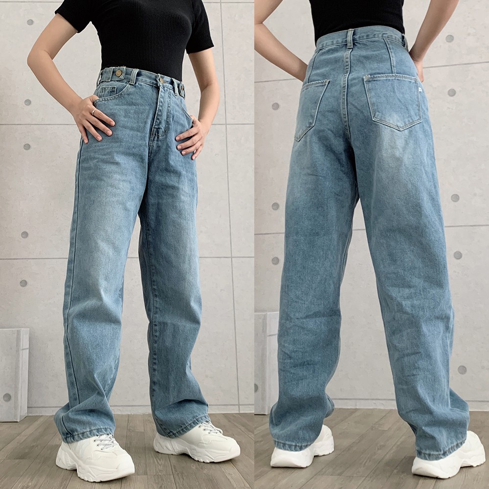 Quần Baggy suông jean nữ ống rộng lưng cao màu xanh đen BEE1500-6F5