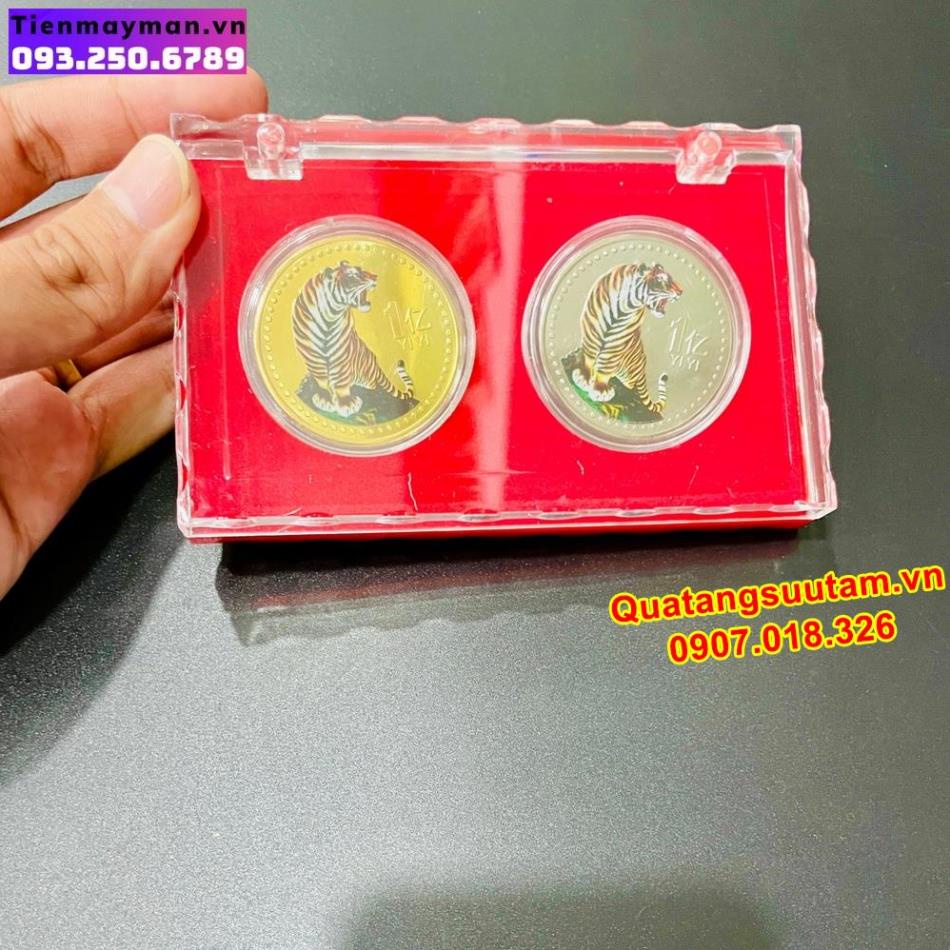 [RƯỚC LỘC] Bộ 2 đồng xu may mắn hình Hổ lì xì Tết của Đài Loan - tặng kèm hộp bảo quản trưng bày, Quà Tết 2022
