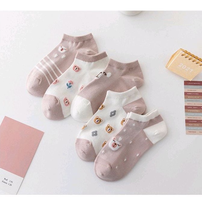 Set 5 đôi tất nữ cổ ngắn chủ đề gấu tím siêu xinh BAG U TATMIX078-gautim