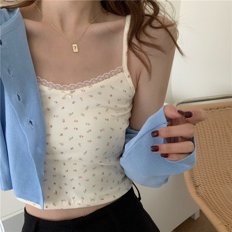 Áo Tank Top Hai Dây Phối Ren Họa Tiết Hoa Phong Cách Hàn Quốc | BigBuy360 - bigbuy360.vn