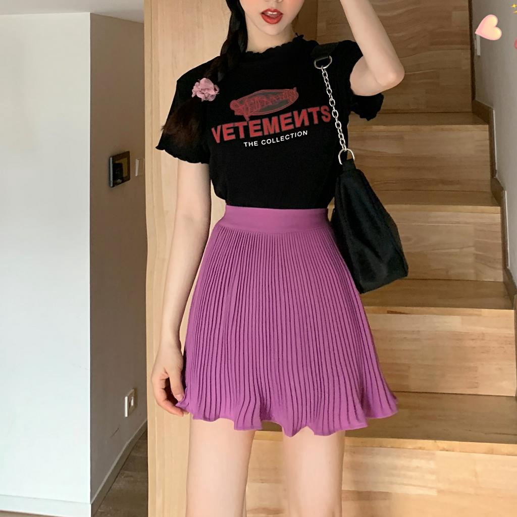 Chân Váy Chữ A Lưng Cao Màu Trơn Phong Cách Preppy 2021