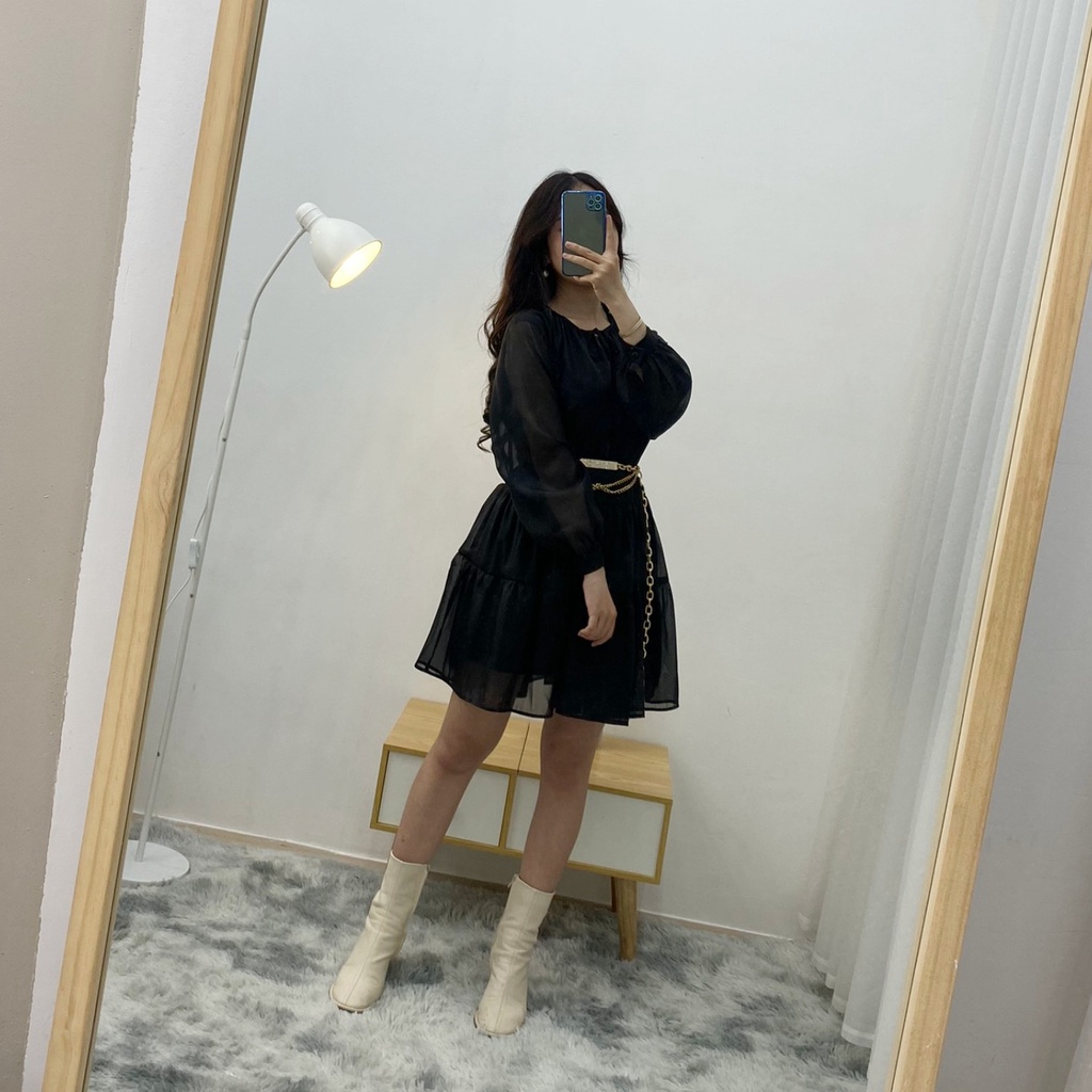 Váy Babydoll nữ dài tay phối nơ ngực [2 lớp] Đầm nữ bánh bèo chất tơ mịn V-BB | BigBuy360 - bigbuy360.vn