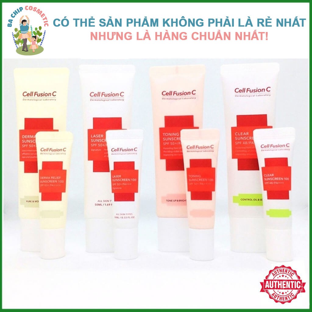 Kem Chống Nắng Cell Fusion C Màu Hồng / Đỏ / Xanh 50ml Dành Cho Da Dầu Mụn - Ba Chip Cosmetic