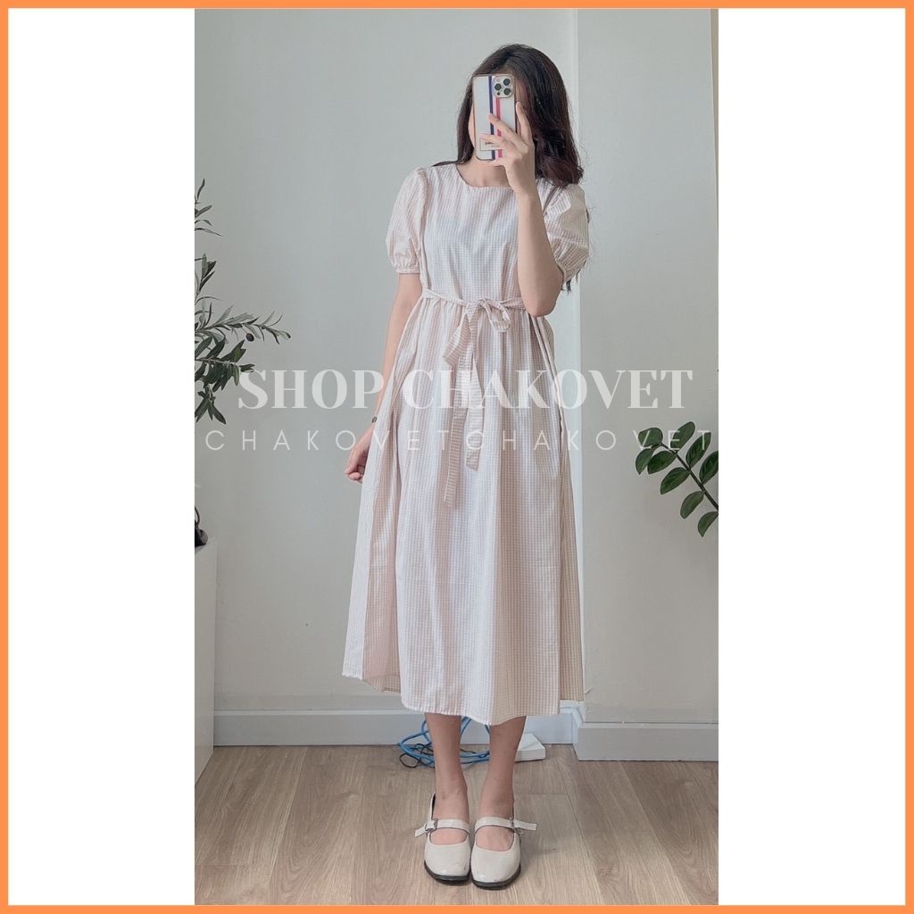 Đầm nữ cổ tròn cúc sau buộc nơ V8277 váy nữ dáng dài đi biển xinh quá gối cộc tay babydoll dự tiệc sang chảnh -CHAKOVET