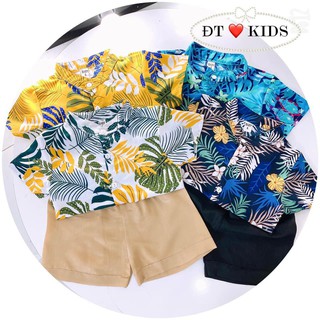 BỘ SƠ MI HOA LÁ CỰC ĐẸP CHO BÉ TRAI, BÉ GÁI. Set đồ bộ đi biển , Áo thô KATE, Quần đũi mềm cho bé từ 8-22KG -HL001