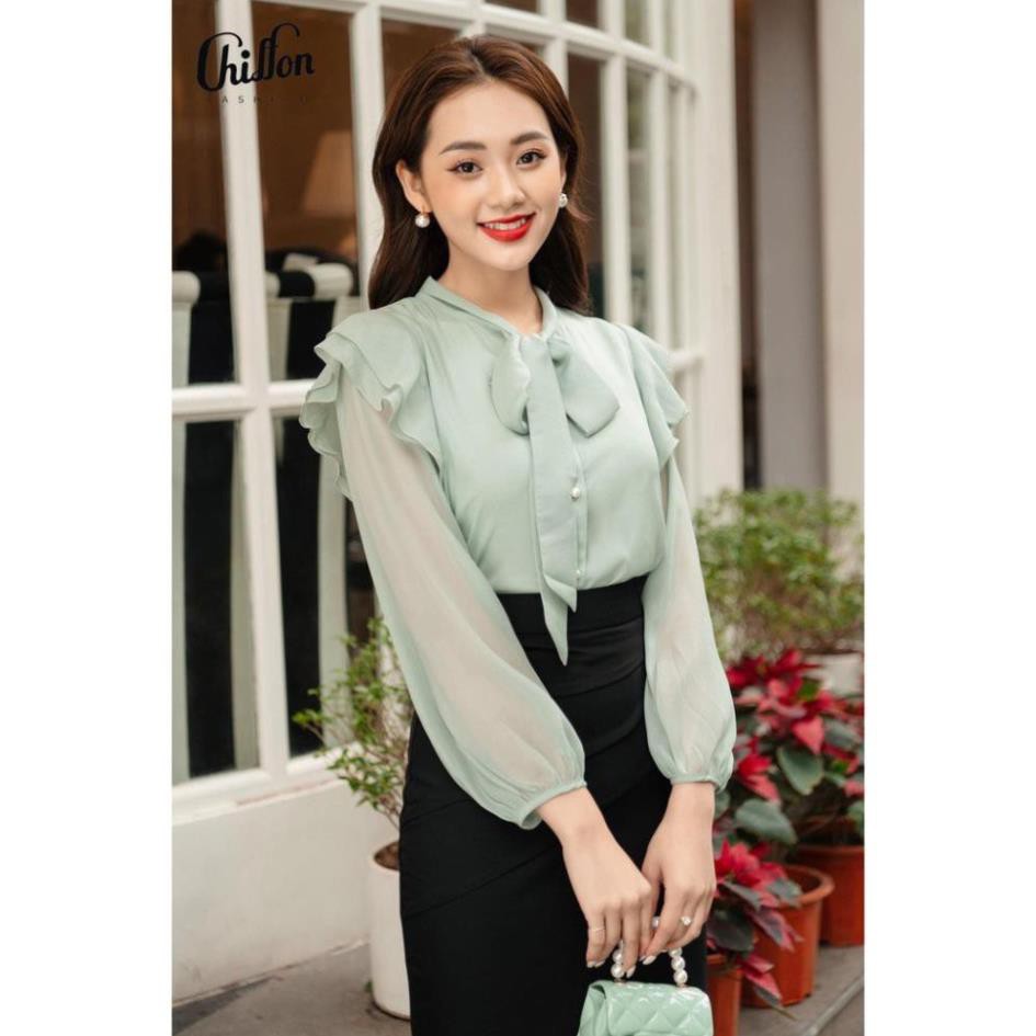 Áo sơ mi bèo vai cổ nơ dài tay chất tơ óng- áo sơ mi công sở nữ 087