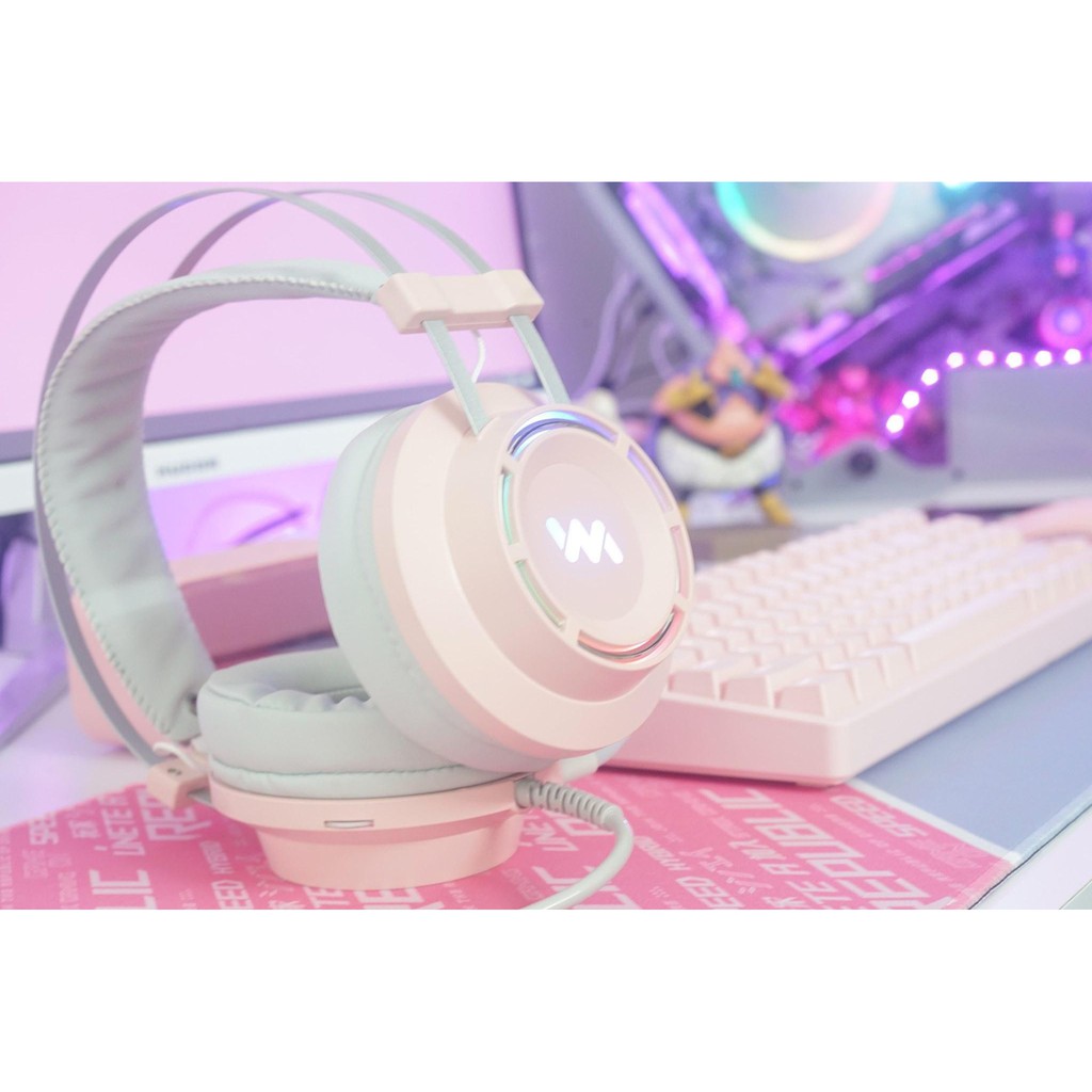 Tai nghe gaming màu hồng Wangming 9800s pink  Âm Thanh 7.1 Jack USB Chính Hãng SỬ DỤNG CHO MÁY TÍNH- Máy Tính Báo Hồng