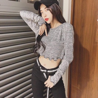 Áo thun croptop sọc vải xịn xò kèm ảnh thật