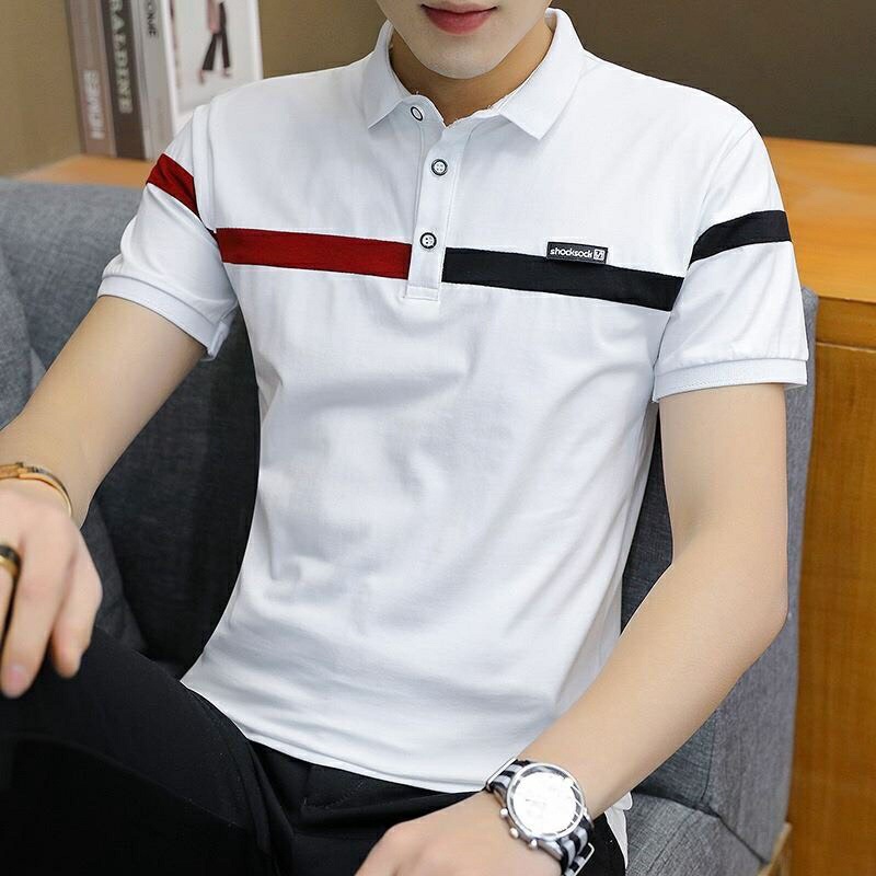 Áo thun polo nam có cố tay ngắn viền ngang ngực đơn giản vải thun cotton co giãn - ATN4701