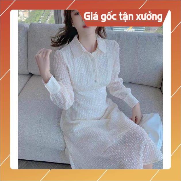 Siêu Sale Đầm trắng nữ cổ sơ mi tay dài phối nút xinh xắn