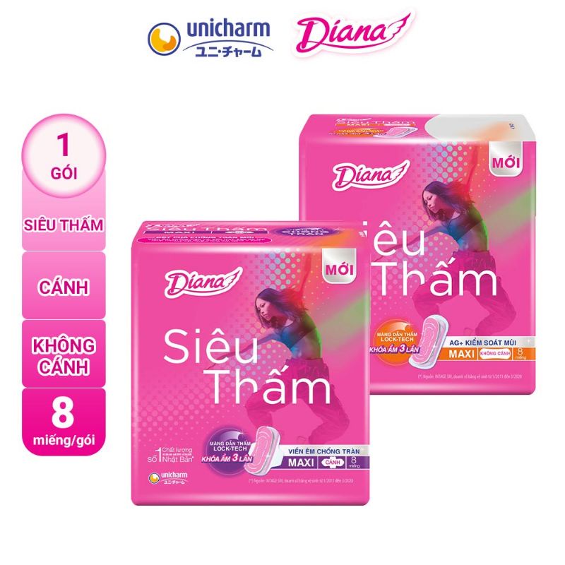 Băng vệ sinh Diana maxi siêu thấm cánh/không cánh gói 8m