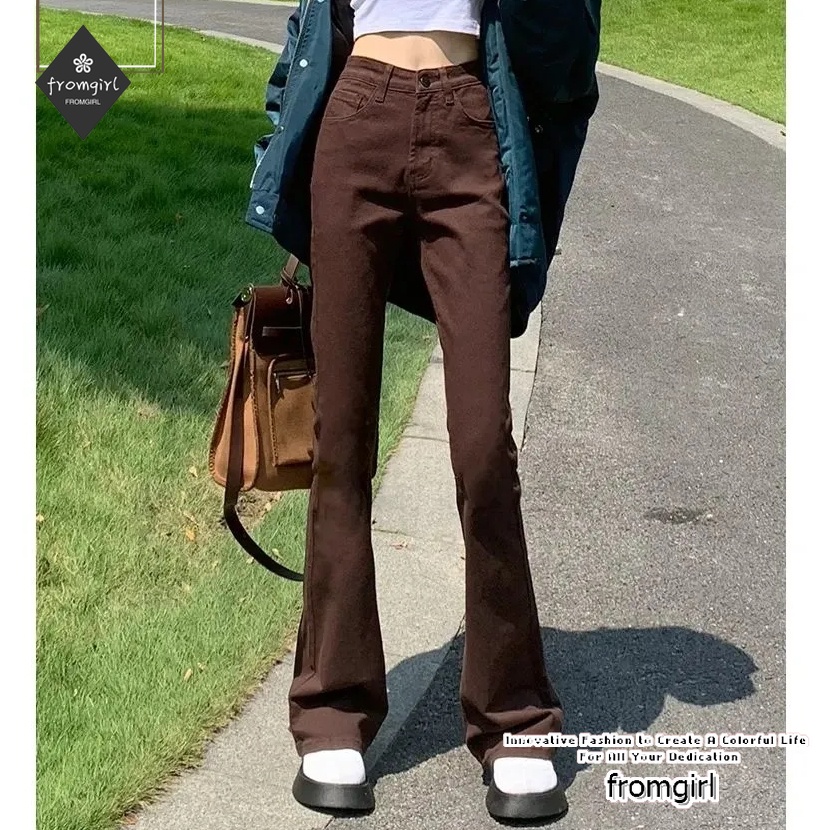 Quần Jean Ống Loe Lưng Cao Màu Nâu Thời Trang Thu Đông Hàng Mới 2022 Dành Cho Bạn Nữ
