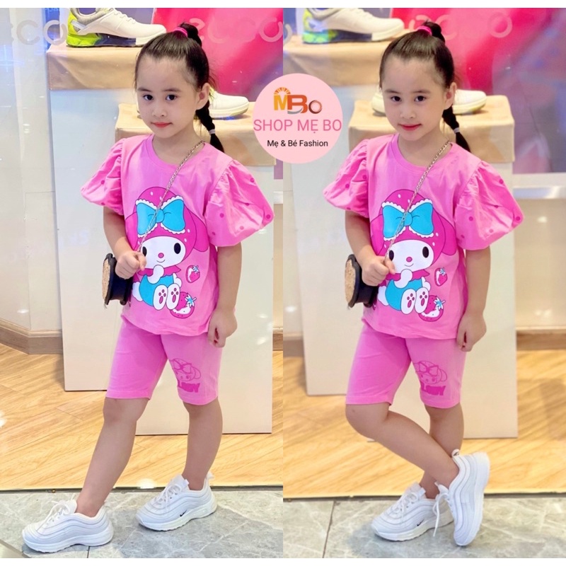 Quần áo trẻ em - Bộ lửng thun cotton size đại cho bé gái in hoạt hình mèo mickey từ 25 đến 45kg