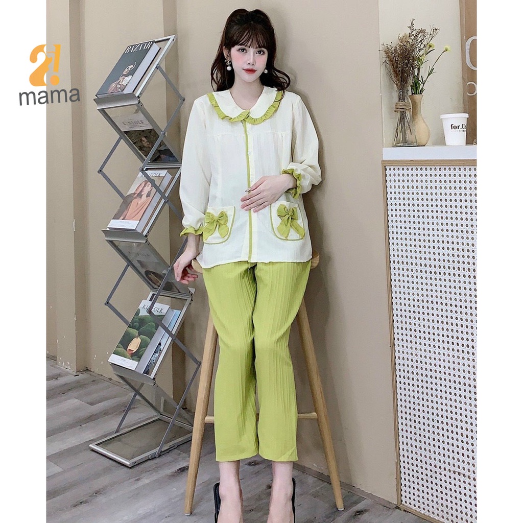 Bộ pijama mặc bầu và sau sinh 2mama túi đính nơ xinh xắn, chất đũi gân có khoá cho bé ti