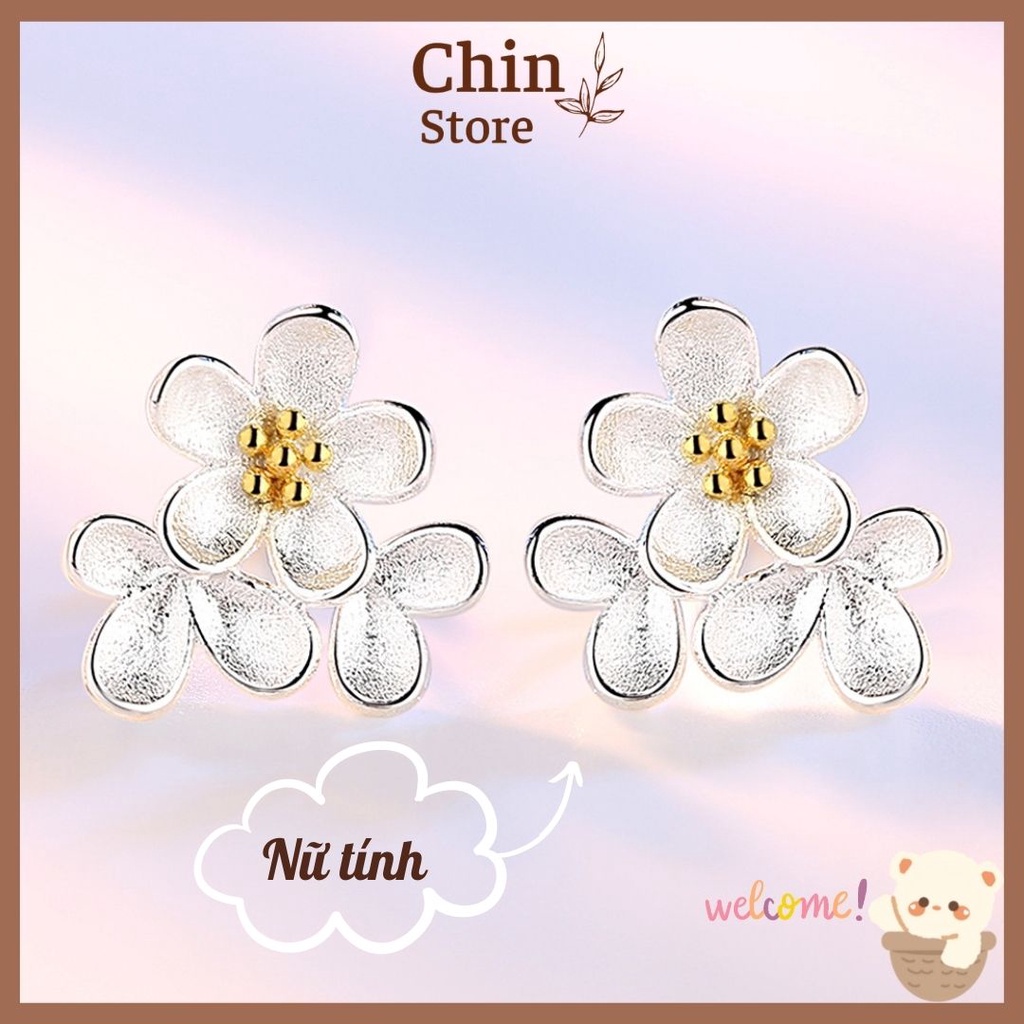 Khuyên tai nữ mạ bạc 925 tròn dài đính ngọc trai nhân tạo bông hoa tai nữ
