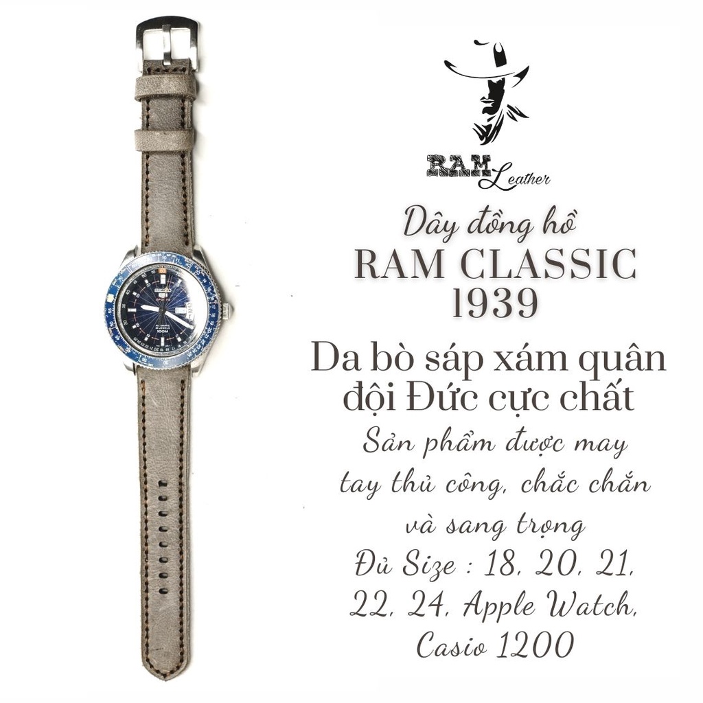 Dây đồng hồ da bò xám sang trọng RAM Leather 1939 handmade bền chắc cực đẹp - tặng khóa chốt và cây thay dây