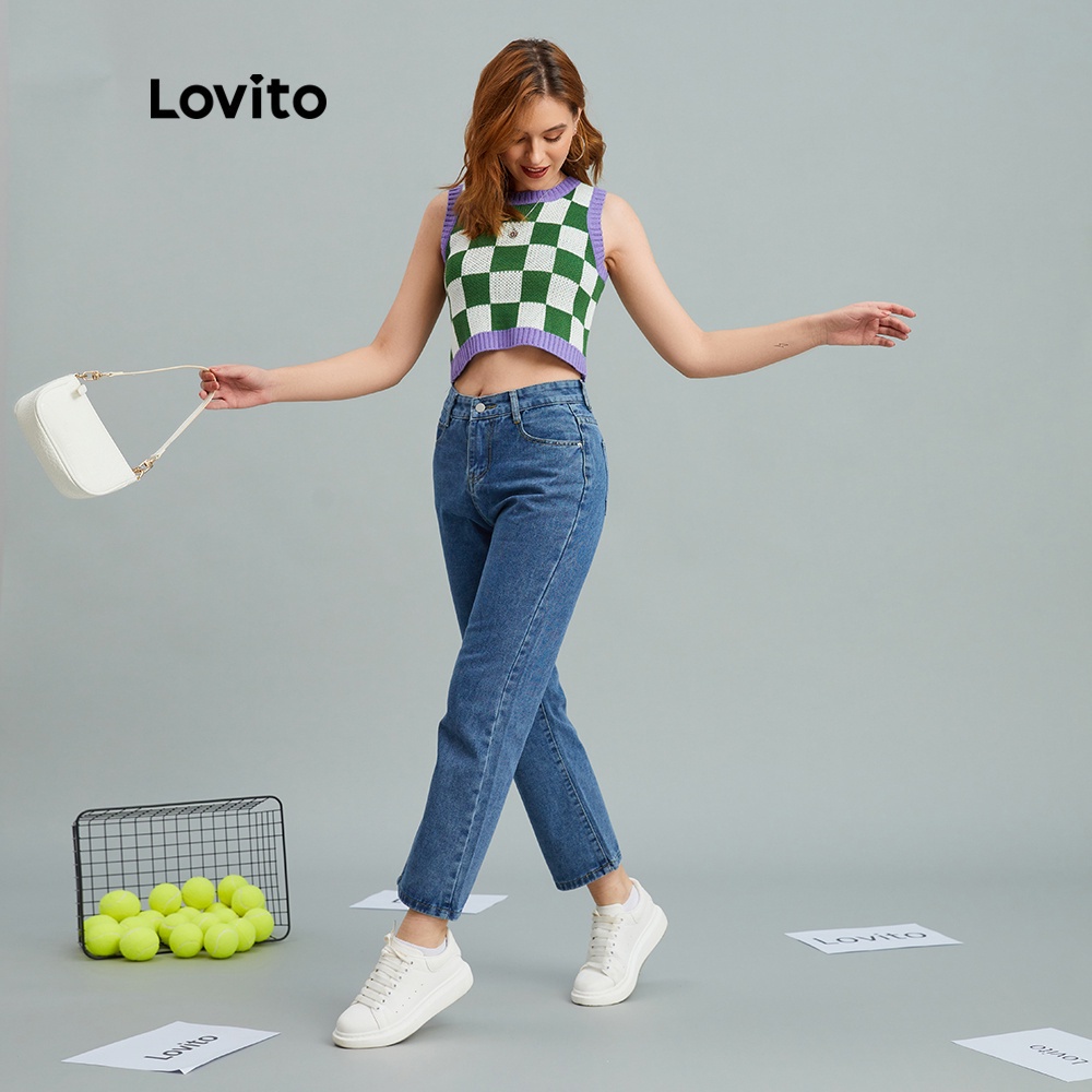 Áo croptop Lovito dệt kim kẻ sọc caro cổ tròn thời trang thường ngày L10946