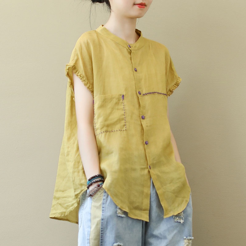 Áo Thun Cotton Lanh Dáng Rộng Thêu Họa Tiết Độc Đáo Phong Cách Cổ Điển Mẫu Mới Thời Trang Mùa Hè Năm 2021 Cho Nữ