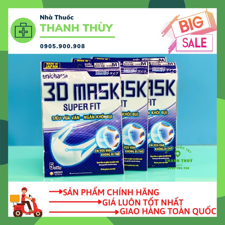 Khẩu Trang Ngăn Khói Bụi Unicharm 3D Mask Super Fit Size M Gói 5 Cái