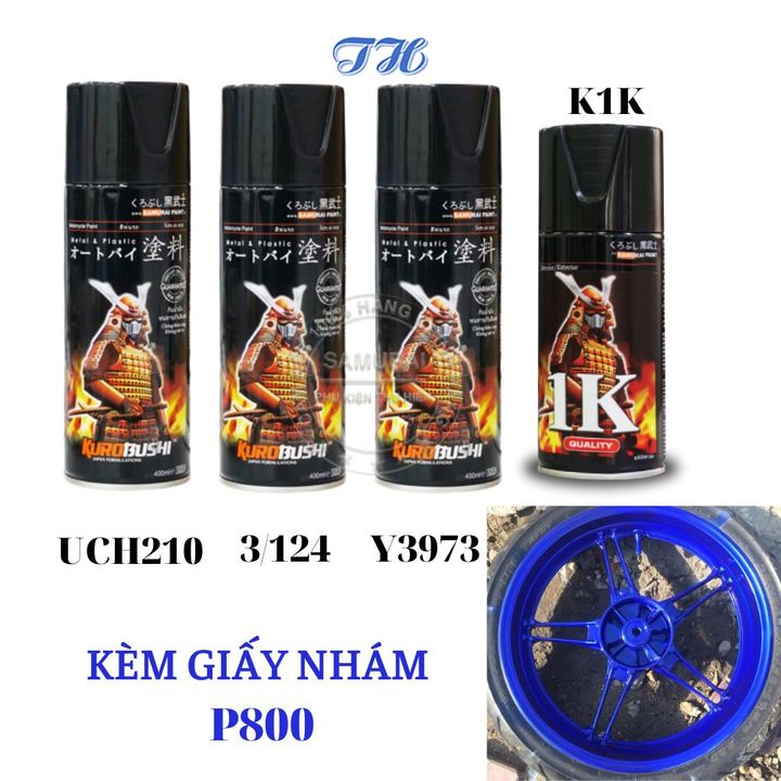 Combo 4 chai sơn samurai y3973 Màu xanh tím đậm – Xanh GP gồm: uch210 - 3/124 - y3973 - k1k - giấy nhám p800