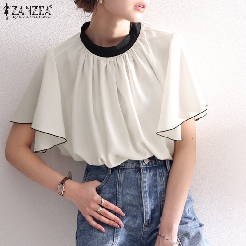 ZANZEA Áo Kiểu Cổ Tròn Tay Lỡ Phối Bèo Màu Tương Phản Thời Trang Thanh Lịch Cho Nữ