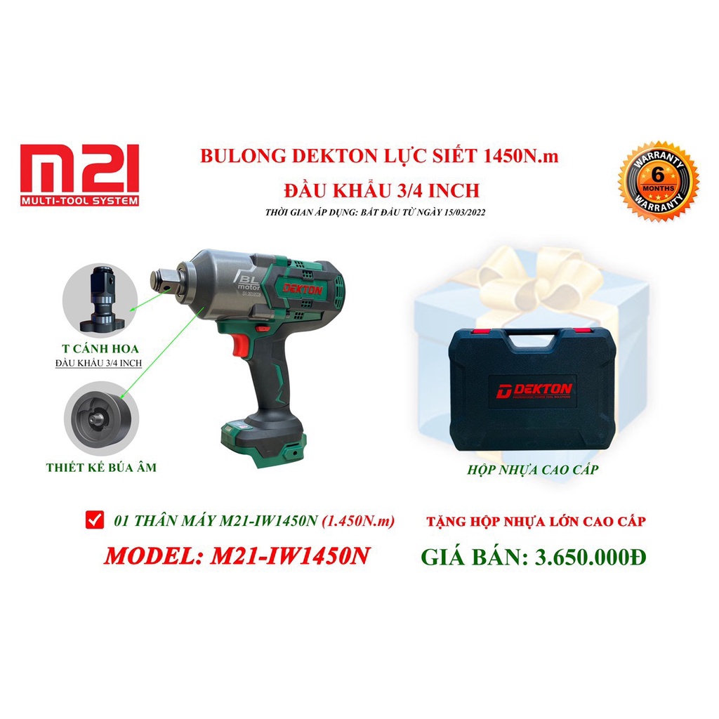 Máy siết Bulong Dekton 1450NM ĐẦU 3/4 Model M21-IW1450N và Model M21-IW1200N 1200NM ĐẦU 1/2 BỘ 1 PIN 1 SẠC