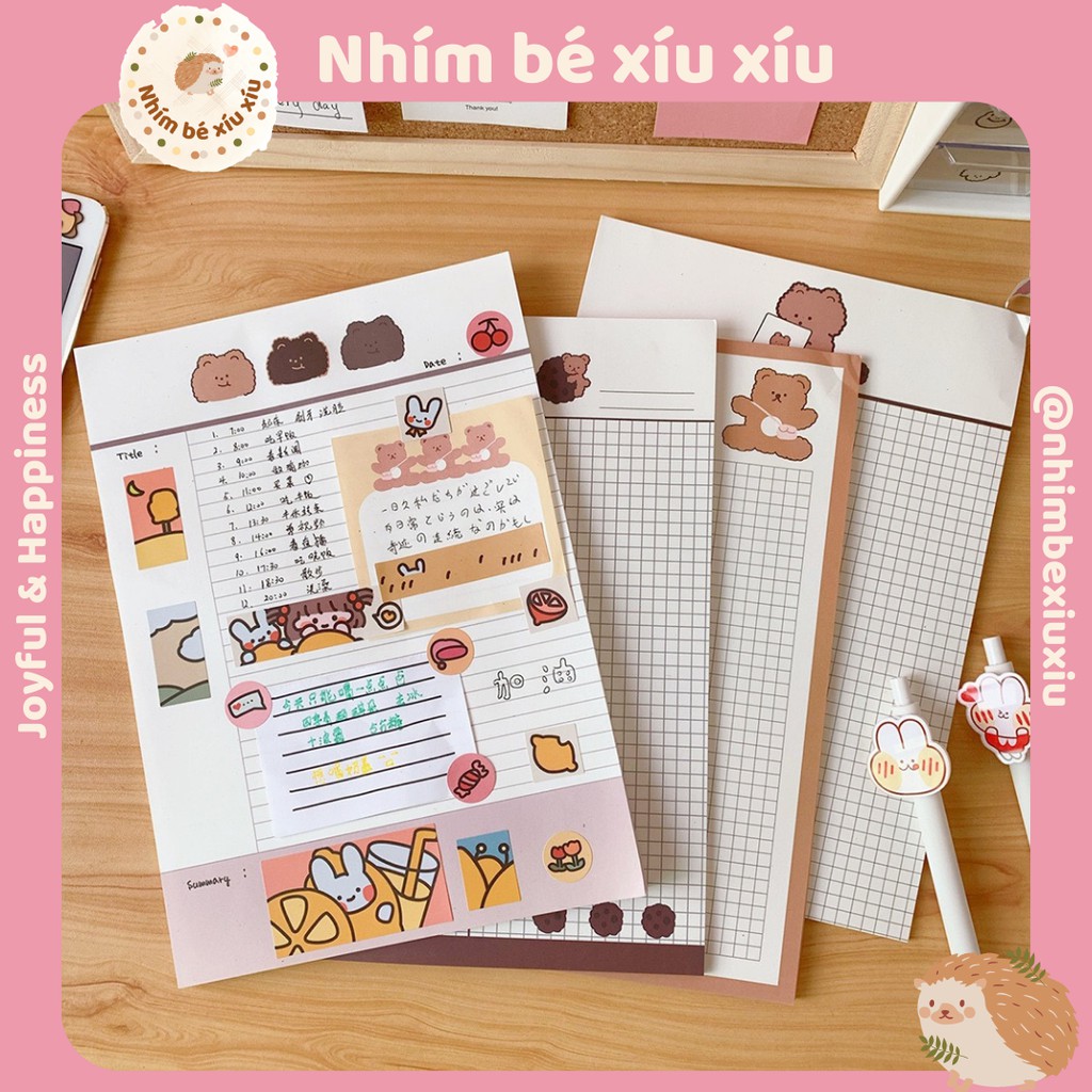 Tập giấy take note grid line, kẻ ngang/ô vuông 30 tờ refill khổ B5 hình gấu tone màu nâu xinh xắn