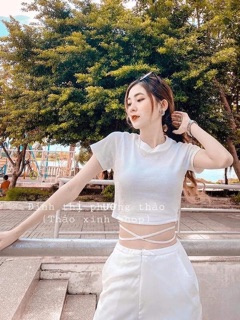 Áo croptop cột dây eo tay ngắn