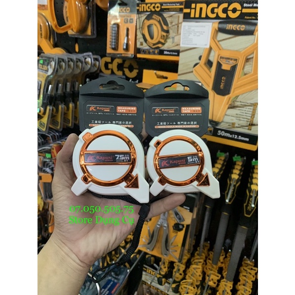 Thước rút, Thước cuộn 2 mặt Kapusi Nhật Bản dài 5m bản rộng 25mm màu trắng có lỗ ban phong thủy K-7056 K-7507