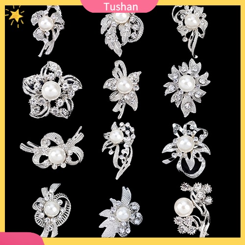 Trâm Cài Áo Hình Hoa Đính Đá &amp; Ngọc Trai Giả 12 Cái